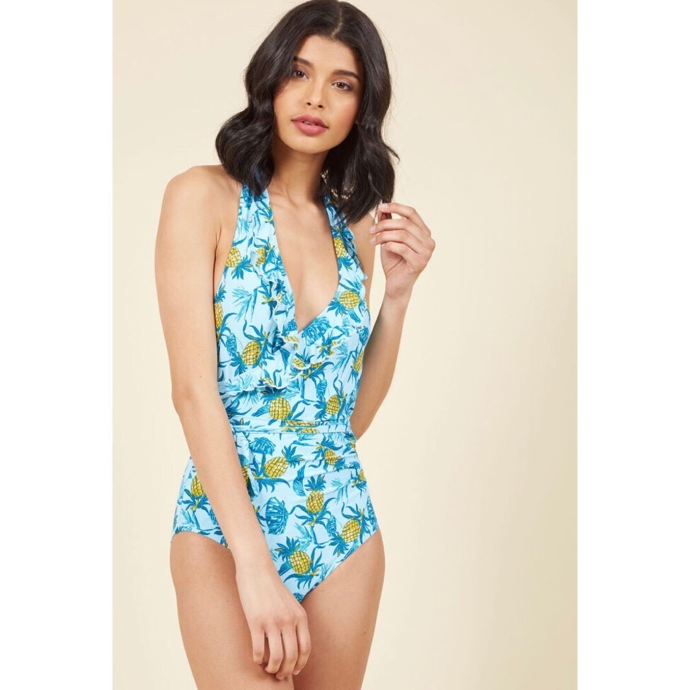 MODCLOTH NWOT Aqua Blue Tropical Pineapple Ruffle One Piece Swimsuit